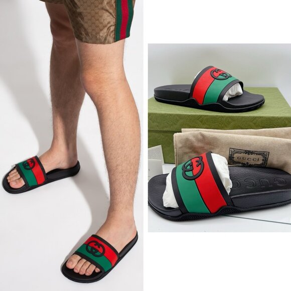 Gucci Agrado Interlocking G Logo Rubber Slide Sandals Black Mens UK 10 US 10.5 - Picture 1 of 16
